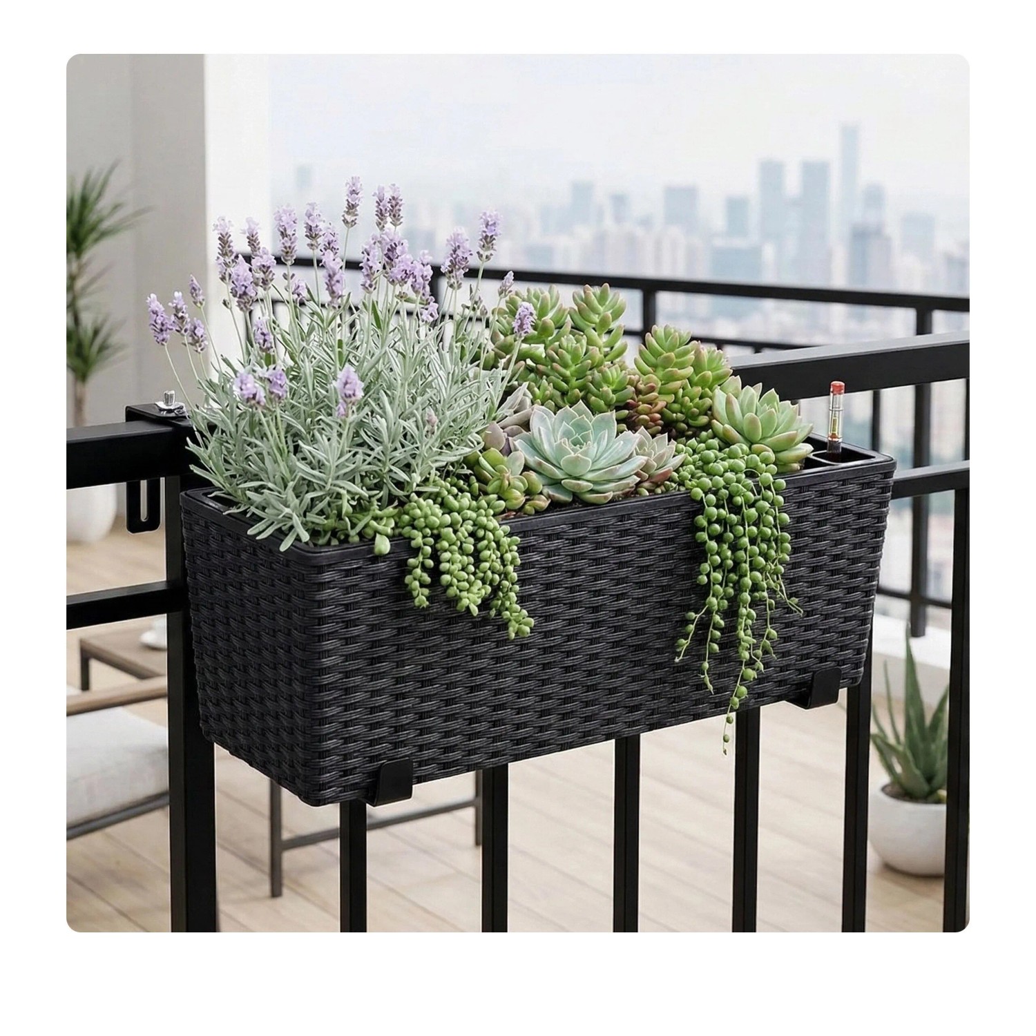 Relaxdays Balkonkasten Polypropylen Metall Schwarz mit Halterung Füllstandsanzeige 19 cm x 50 cm x 19 cm_5