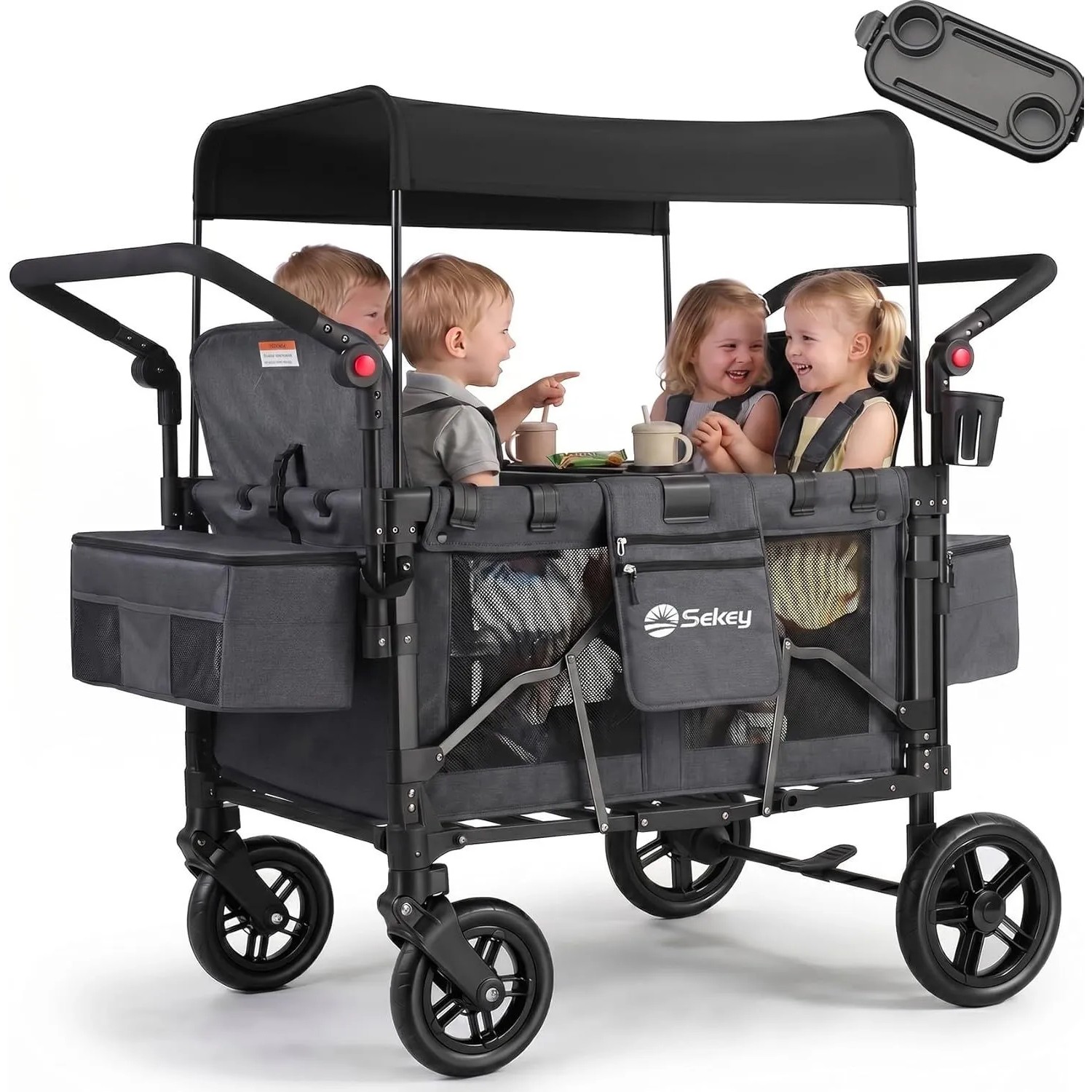 Sekey Faltbarer Bollerwagen für 4 Kinder Kinderwagen mit 4 Integrierten 5-Punkt-Gurtsystem Schwarz