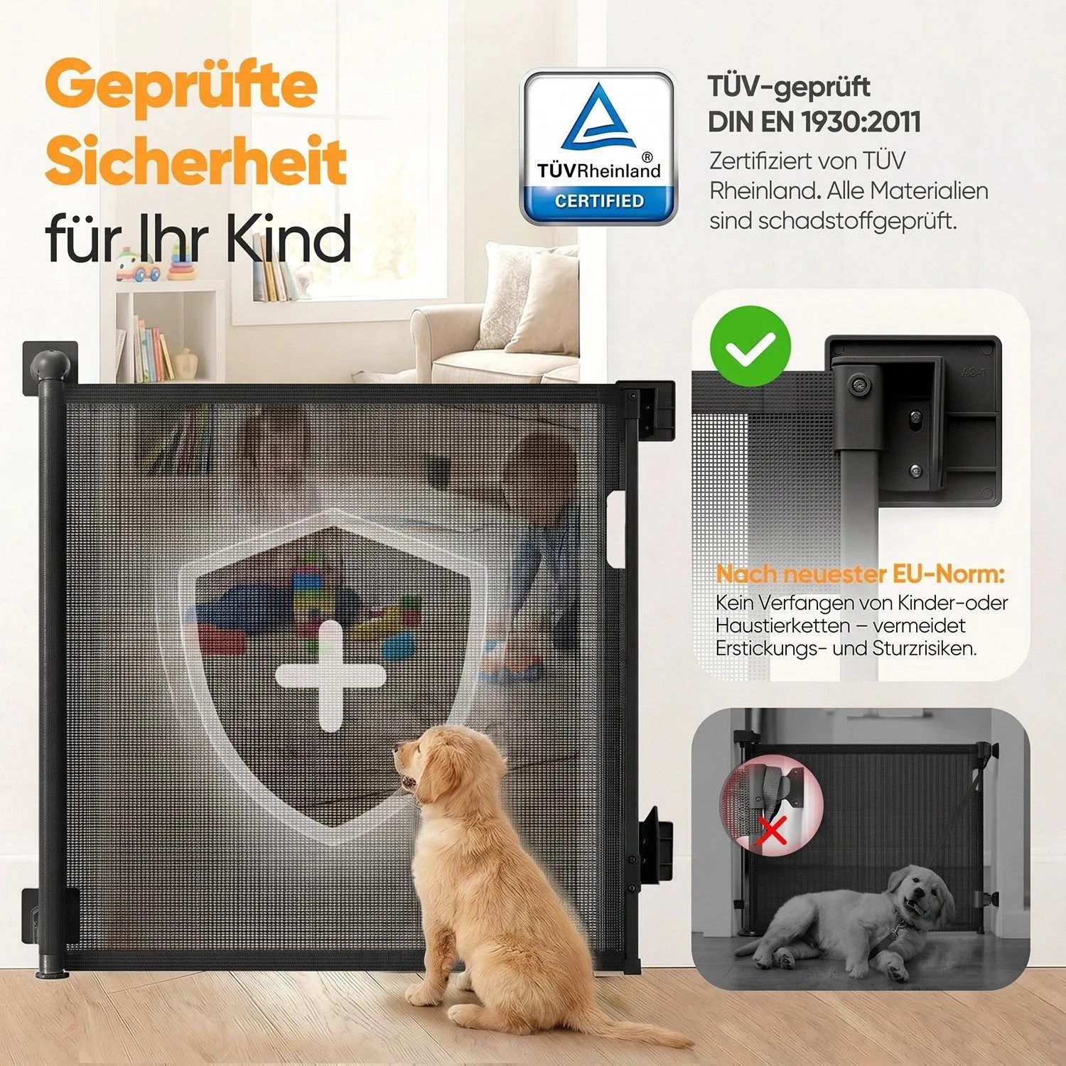 Schwarzes ausziehbares Schutzgitter für Kinder und Hunde, ohne Bohren. Mesh-Gewebe, platzsparend, sichert Treppen.