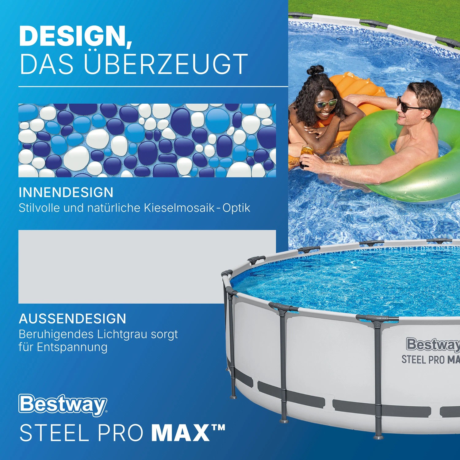 Bestway Framepool Steel Pro Max in Lichtgrau mit Kieselmosaik-Optik. Rundes Schwimmbecken mit Stahlrahmen für Badespaß.