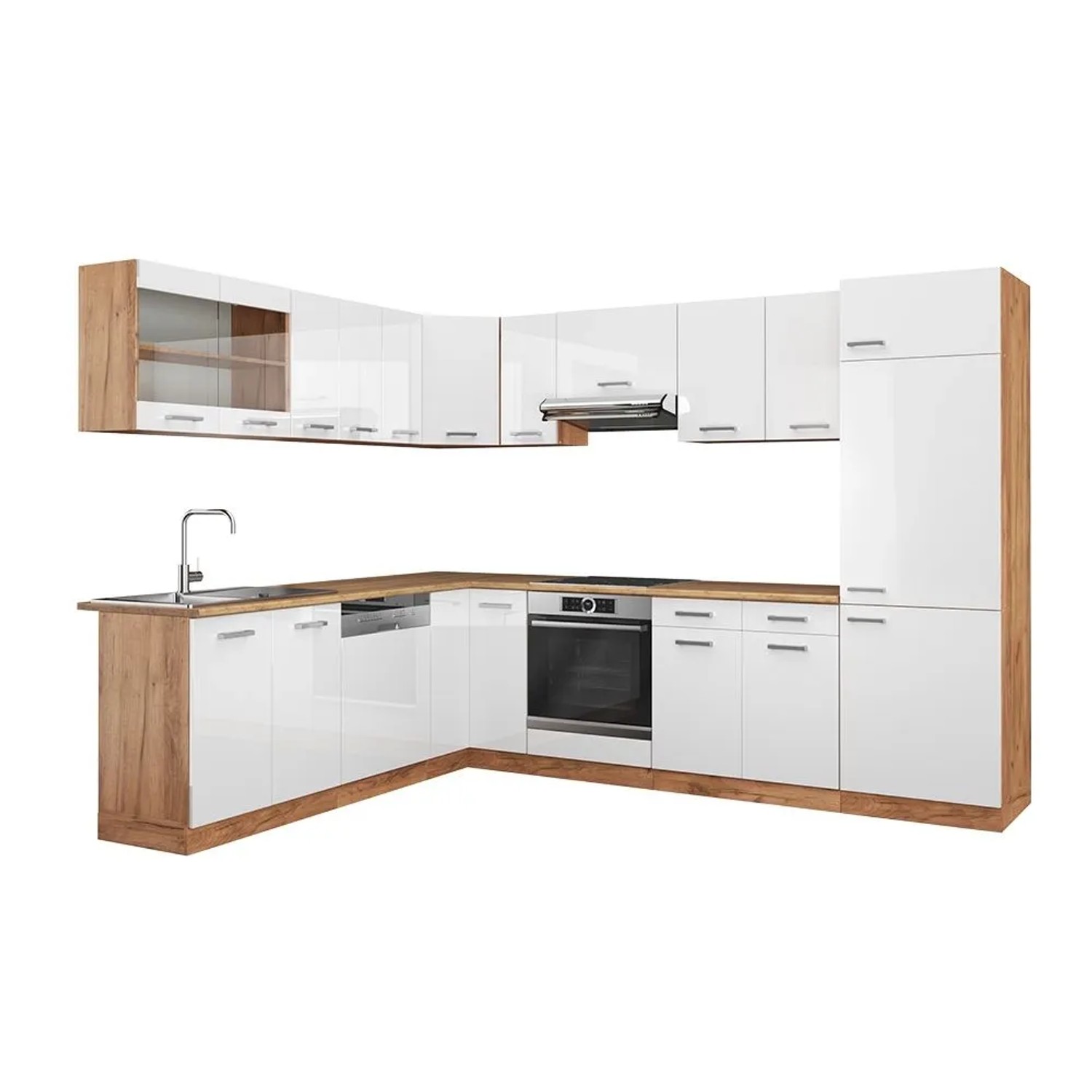 Vicco Eckküche R-Line Weiß Hochglanz/Goldkraft Eiche 287 x 82 ohne Arbeitsplatte