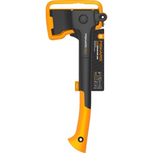 Fiskars X-series Universalaxt X18, 44,5 cm, mit orangefarbenem Griff und Klingenschutz.