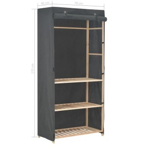 Grauer 3-stufiger Stoff-Kleiderschrank (79x40x170cm) mit Holzrahmen und Kleiderstange.