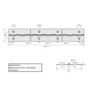 Technisches Diagramm SOTECH Stangenscharnier 1000x40x0,7mm Edelstahloptik mit Maßen für Möbelbau.