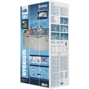 Verpackung des Bestway Hydrium Stahlwandpool Komplett-Sets Ø 460x120 cm in Grau.