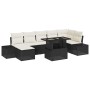 8-teiliges Garten-Sofa-Set aus Poly Rattan in Schwarz mit cremefarbenen Kissen und Tisch.
