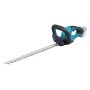 Makita Akku-Heckenschere in Türkis und Schwarz mit silbernen Klingen.