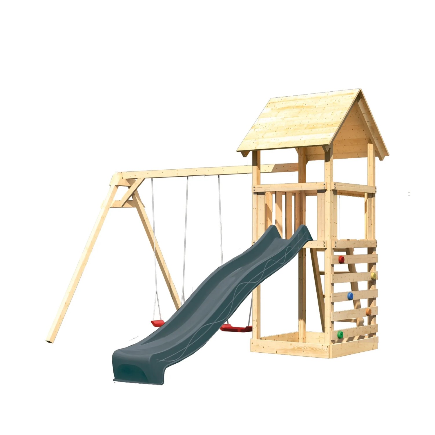 Karibu Spielturm Lotti mit Rutsche Doppelschaukel u. Kletterwand Natur-Anthrazit