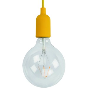 Gelbes Lampen-Textilkabel mit Fassung und klarer Glühbirne. DIY-Lampe im Retro-Look.