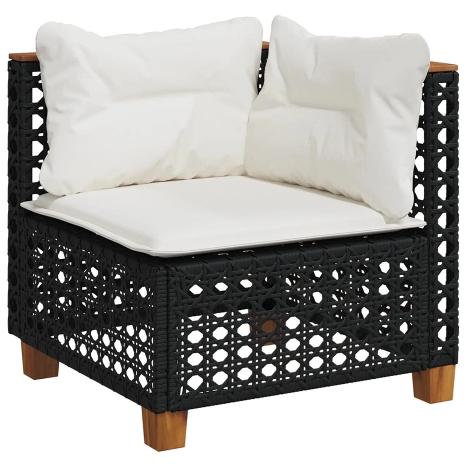 Schwarzes vidaXL Garten Ecksofa aus Rattan mit cremeweißen Kissen als Teil einer Sofagarnitur.
