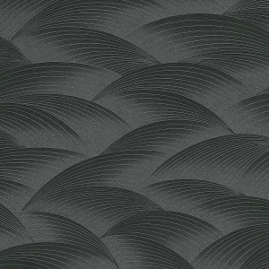 Schwarze Vliestapete mit Wellenmuster und 3D Effekt für Büro und Küche.