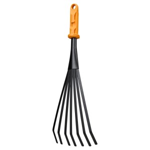 Fiskars OneClick Klein-Fächerbesen mit orangefarbenem Griff und schwarzen Zinken.