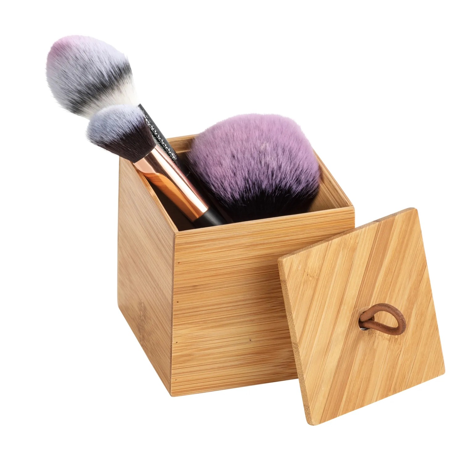 Wenko Bambus Box Terra S mit Deckel, gefüllt mit Kosmetikpinseln. Naturfarbene Aufbewahrungsbox aus Bambus.