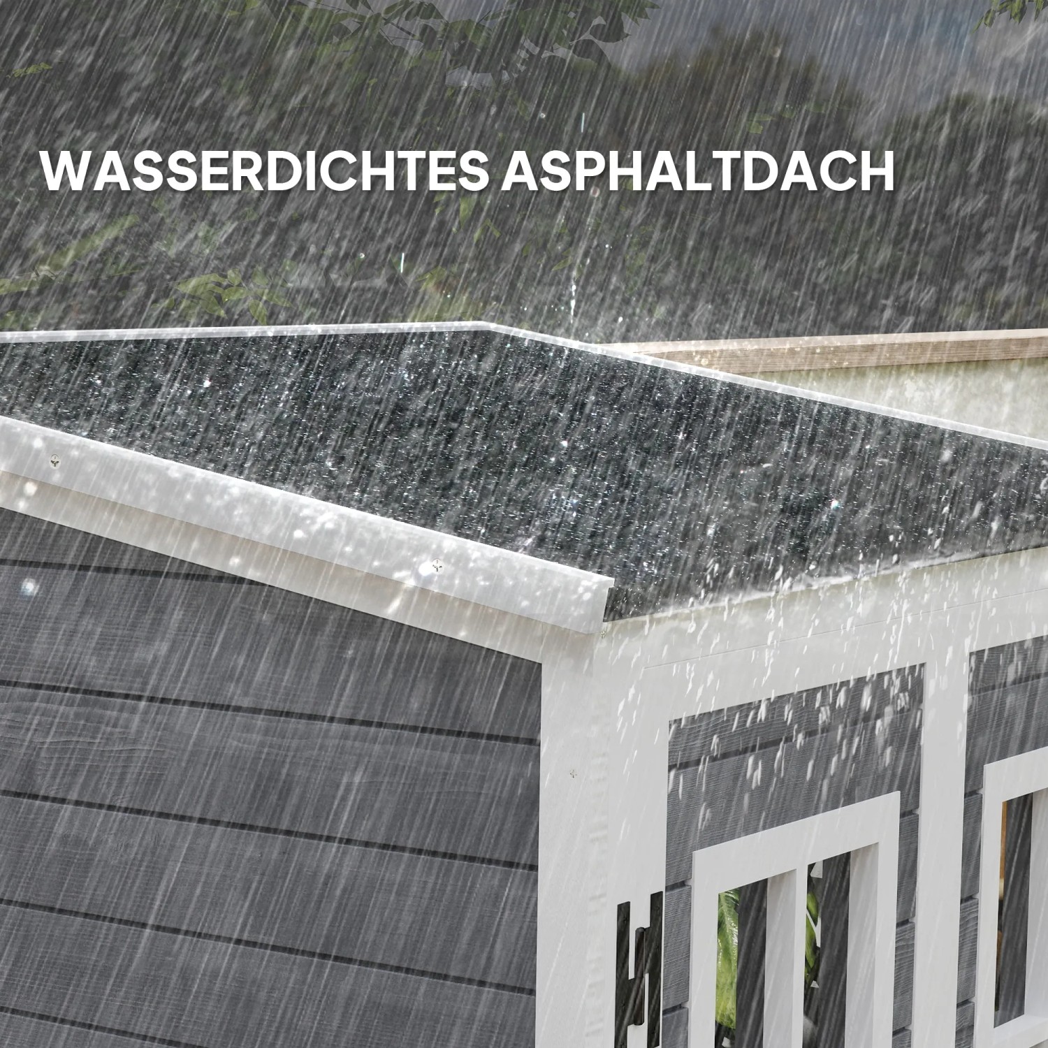 Detailaufnahme des wasserdichten Asphaltdachs vom hellgrauen Outsunny Gartenschrank.