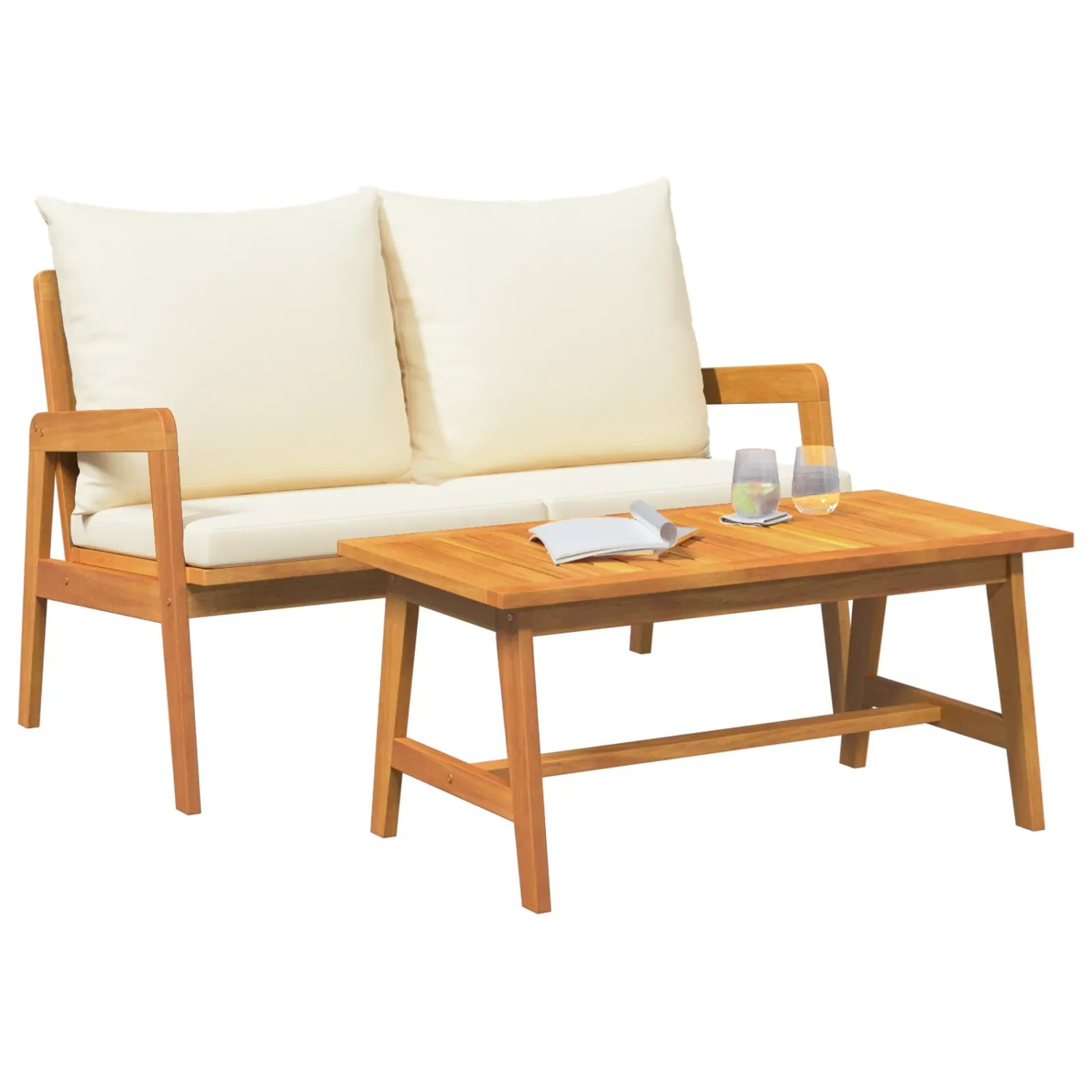 2-teiliges Bistro-Set aus Akazienholz mit Bank und Tisch, inklusive cremefarbener Kissen.