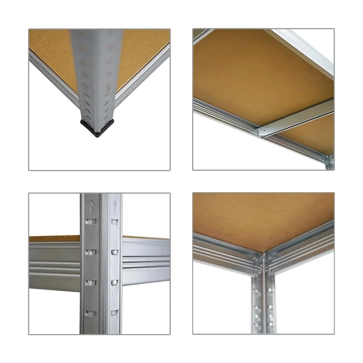 Detailansichten des verzinkten PROREGAL Schwerlastregals Giant Elephant mit MDF-Holzplatten.