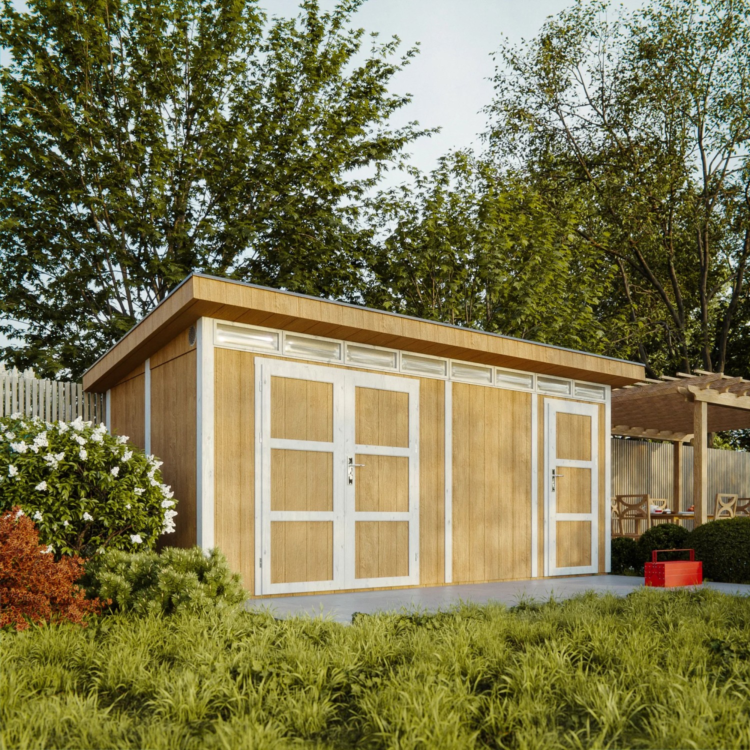 Timbela Holz-Gartenhaus M905C, grundiert, mit Flachdach im Garten.