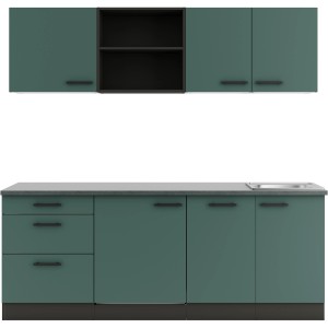 Moderne OPTIFIT Küchenzeile Verona405 in Steingrün, 210 cm breit, mit Spüle und Elektrogeräten.