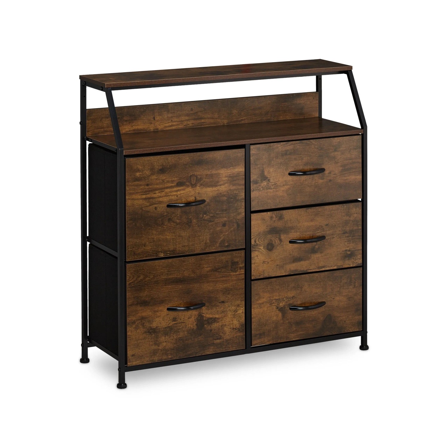 Relaxdays Kommode Stahl MDF Vliesstoff Schwarz Dunkelbraun mit 5 Schubladen und 2 Ablagen 87 cm x 84 cm x 32 cm 12,5 kg