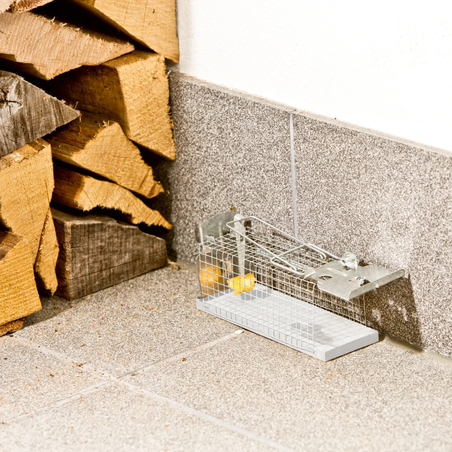 Windhager Drahtkasten-Mausefalle als Lebendfalle mit Köder im Innenbereich.