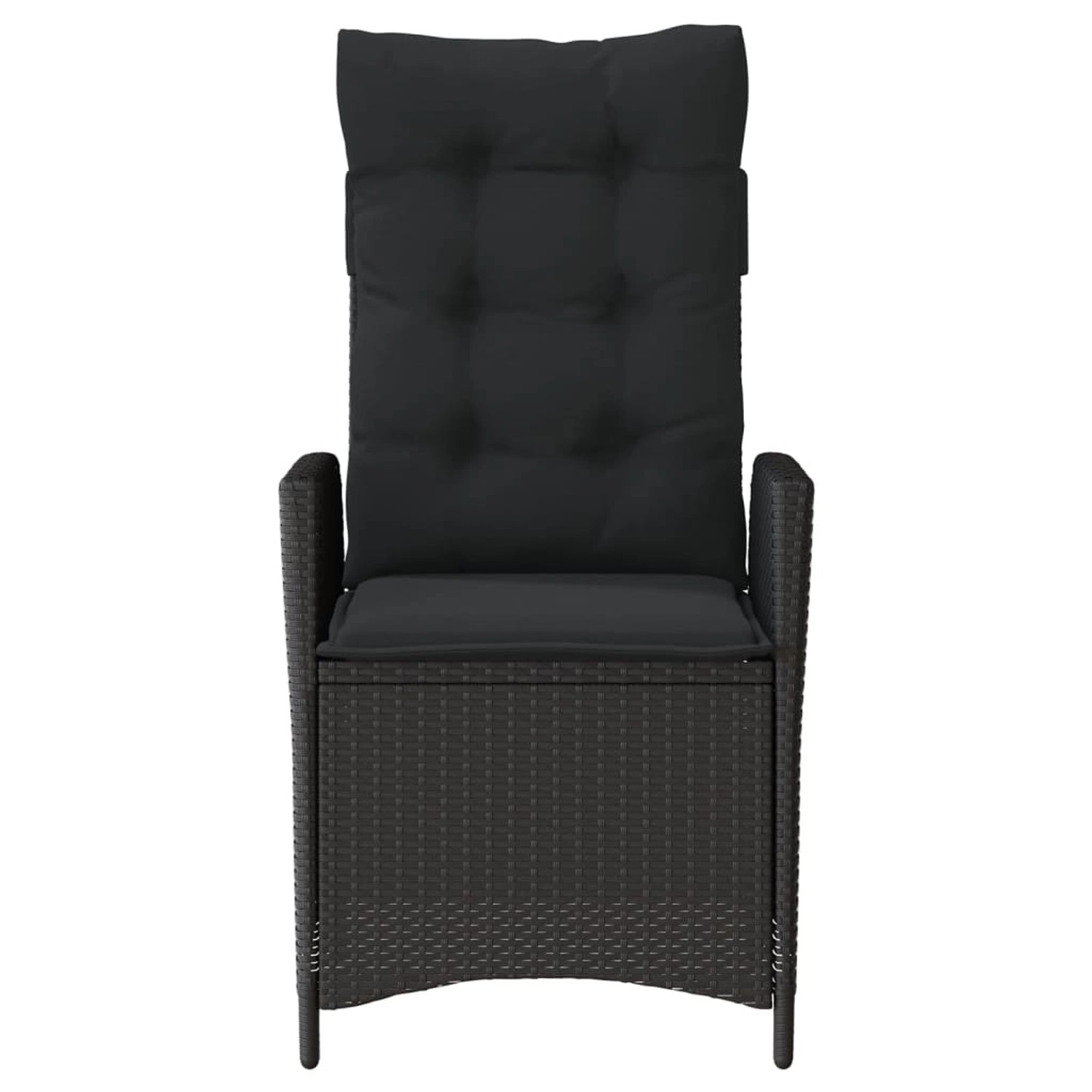 Verstellbarer, schwarzer vidaXL Gartensessel aus Poly Rattan mit Kissen.