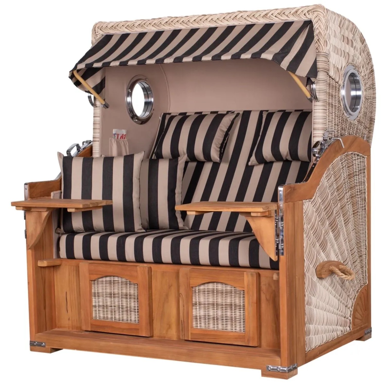 Strandkorb Ammersee Grande XL Teak mit Bullauge, Streifenmuster, inkl. Zubehör wie Schutzhülle.