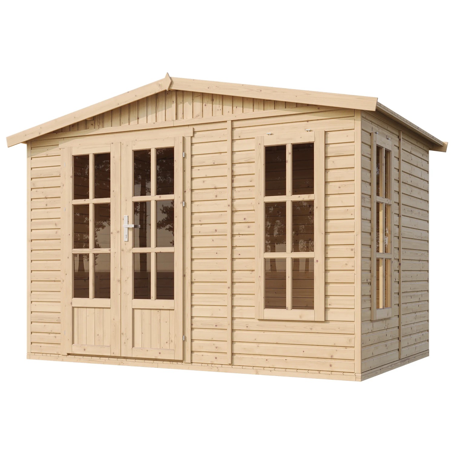 Timbela Holz-Gartenhaus M334FB+H334FBRED mit rotem Dach, 6,03 m², mit Boden.
