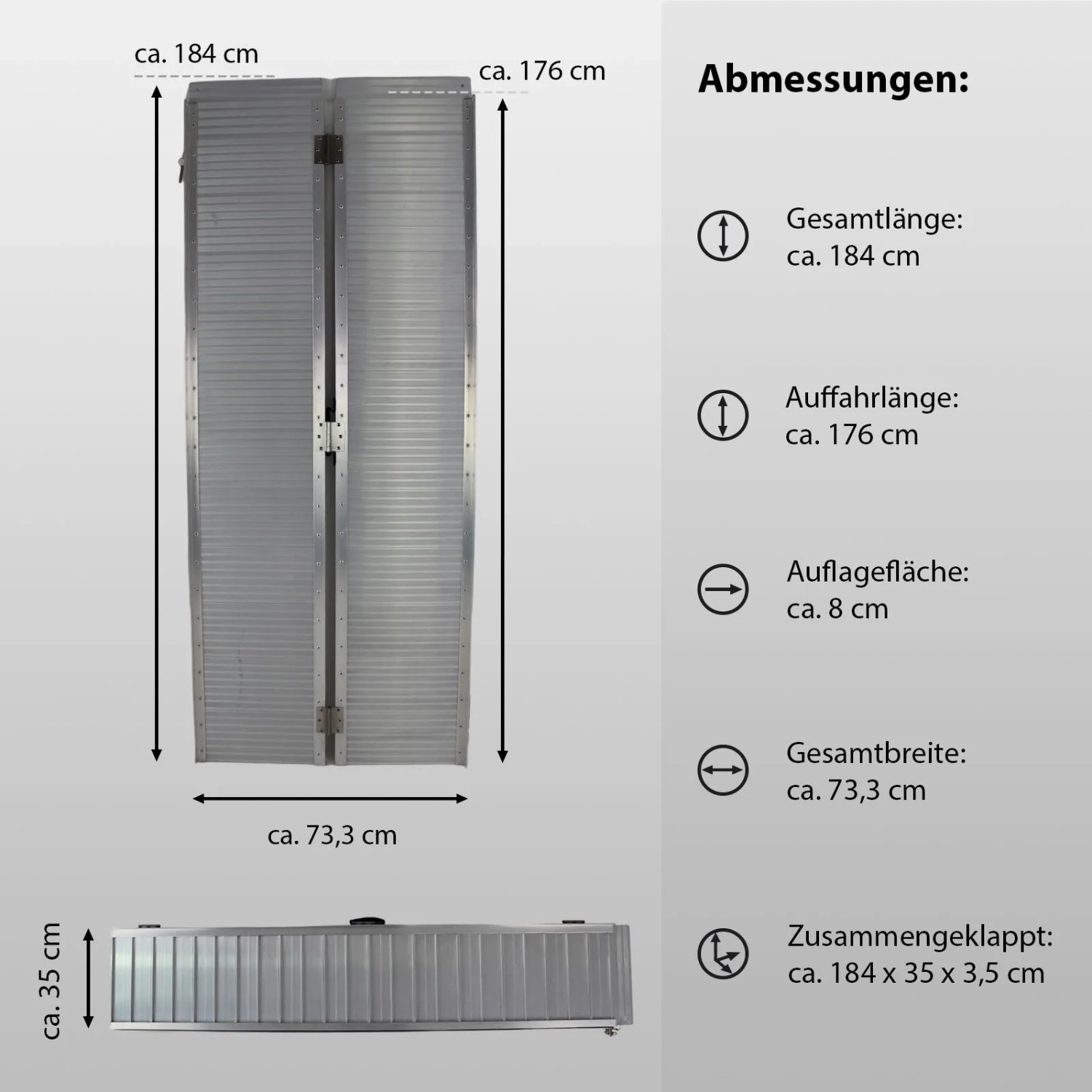 TRUTZHOLM Rollstuhlrampe, klappbar, 184 cm, grau. Zubehör für Autoanhänger.