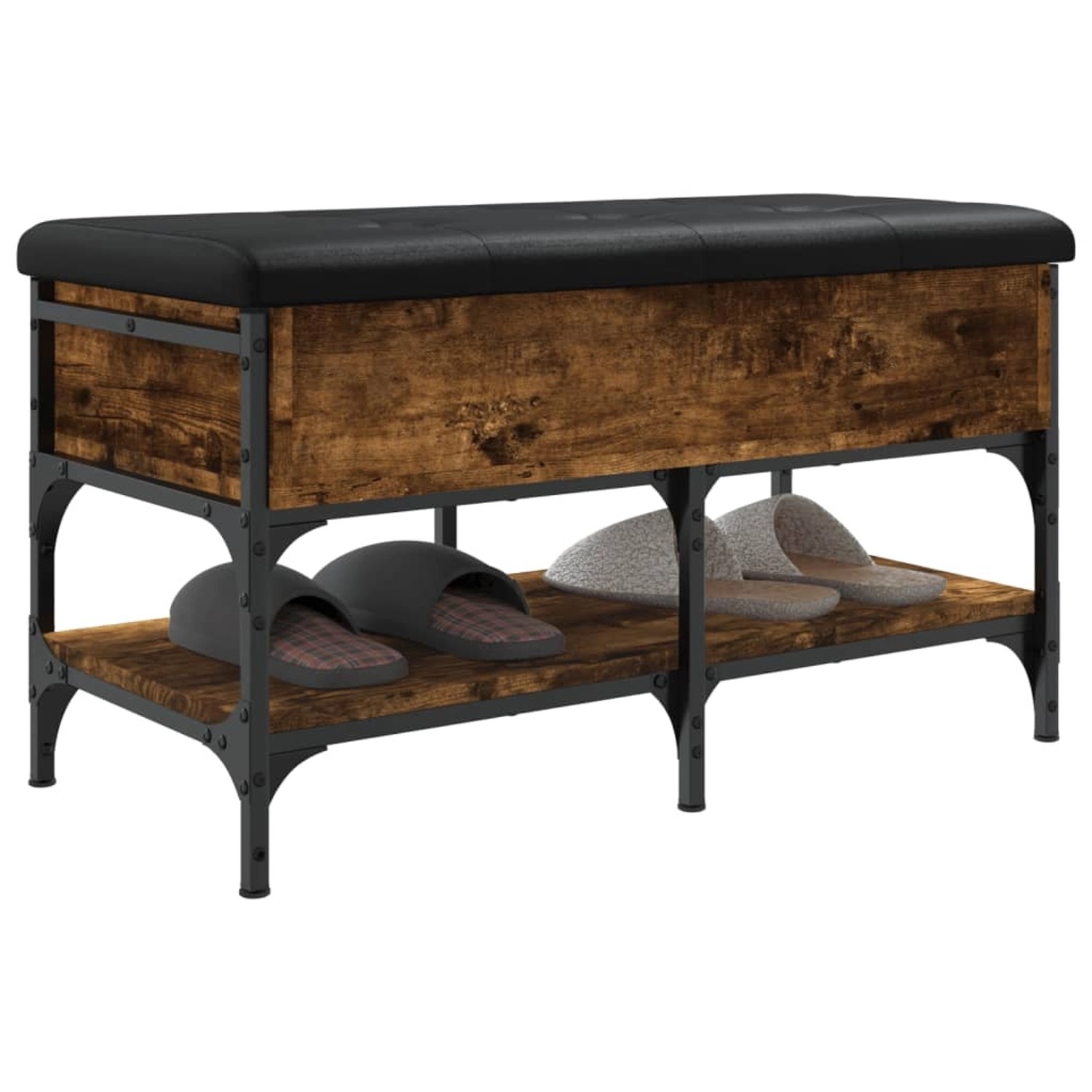 vidaXL Schuhbank Räuchereiche mit schwarzem Sitzkissen und Schuhen auf Ablage.
