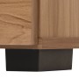 Detail der braunen Holzbasis des MCW Schranks N87 mit schwarzen PVC-Füßen. Stabile Konstruktion für Wohnzimmerschränke.