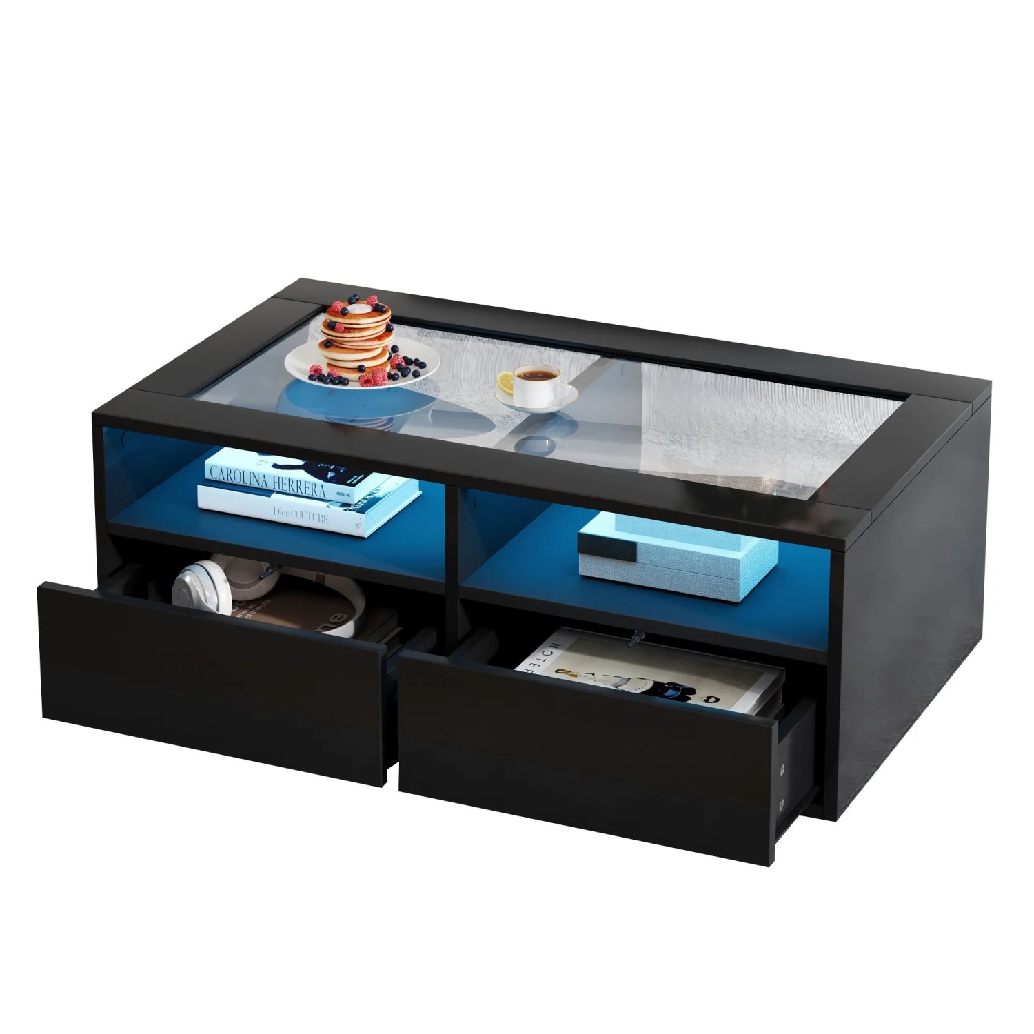 Okwish Couchtisch Mit Led Glas Schubladen Stauraum 100x50x35cm Hochglanz Schwarz