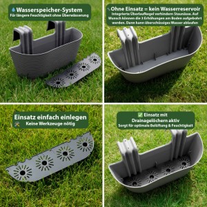 BigDean 4x Blumenkasten Balkongeländer 43cm Blumenkästen mit Wasserspeicher Balkonkasten mit Halterung Anthrazit mit Struktur