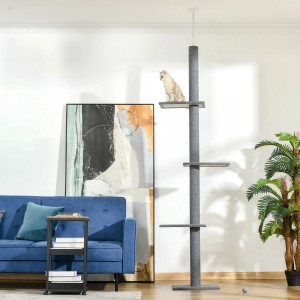 Grauer PawHut Kratzbaum, deckenhoch mit 3 Ebenen und Katze.