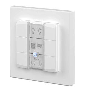 Weißer Homematic IP Wandtaster 6-fach für Hausautomation. Steuert Licht, Rollläden und Funktionen mit 6 Tasten und Status-LED.