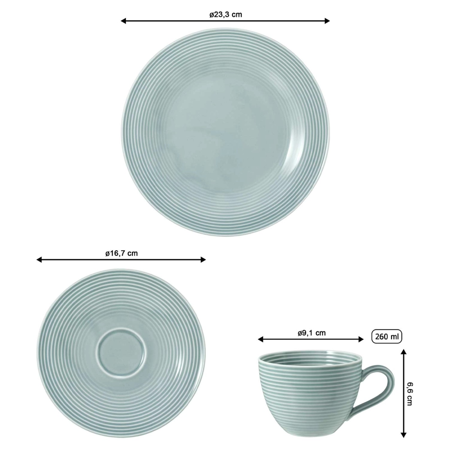 Seltmann Weiden Beat Coor Glaze Kaffeeservice, 18-teilig, arktisblau, mit Tasse, Untertasse und Teller.