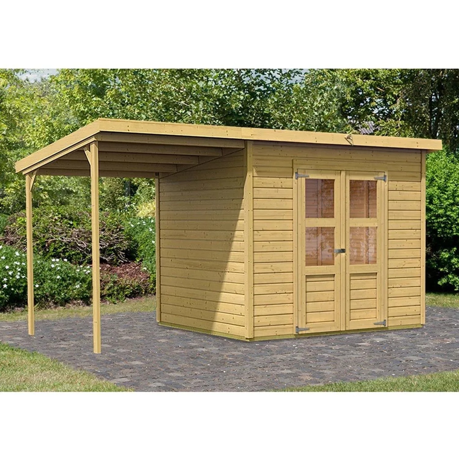 Karibu Gartenhaus Merseburg 14 mm Wandstärke BxTxH 415 x 236 x 220 cm inkl. Anbaudach Natur