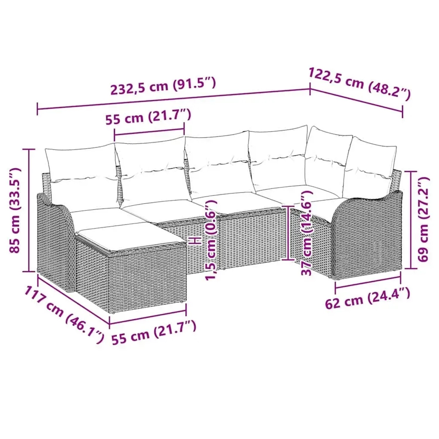 Beiges 6-teiliges Garten-Sofa-Set aus Poly Rattan mit Kissen und Maßangaben.