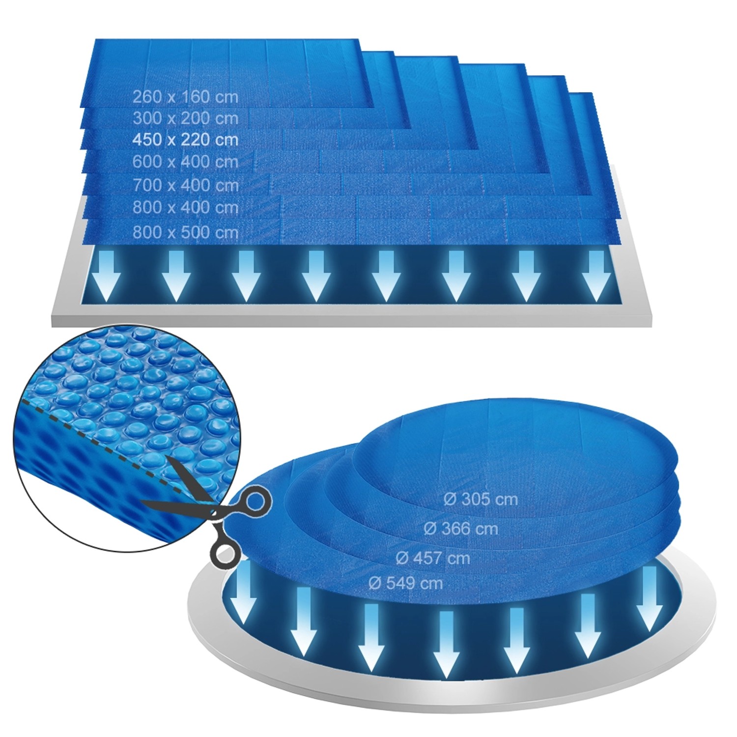 OK-Living Solarfolie blau in verschiedenen Größen für rechteckige und runde Pools.