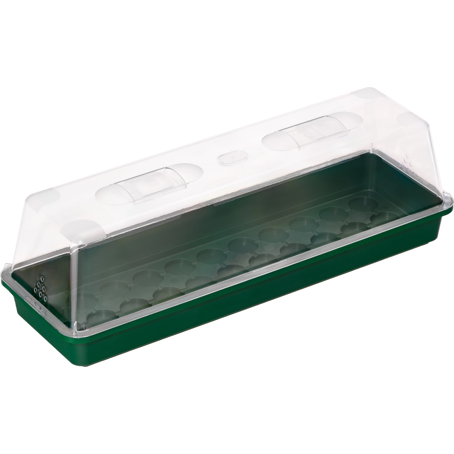 Grüne Gewächshaus-Schale mit transparentem Deckel, 58x19x6 cm, für Pflanzenanzucht.