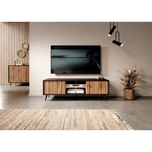 TV-Lowboard Bello 135 cm Schwarz / Wotan Eiche Lamelle mit LED