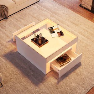 Weißer Hochglanz Couchtisch mit LED, Glasplatte und offener Schublade. Moderner Wohnzimmertisch 70x70x35cm mit Stauraum.