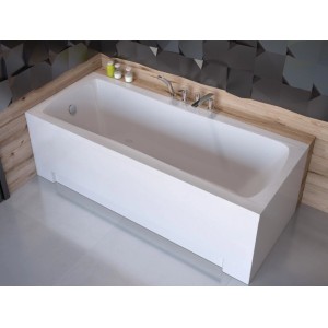Weiße rechteckige Acryl-Badewanne KOLMAN 160x70 cm mit Ablauf und Füßen im modernen Badezimmer.