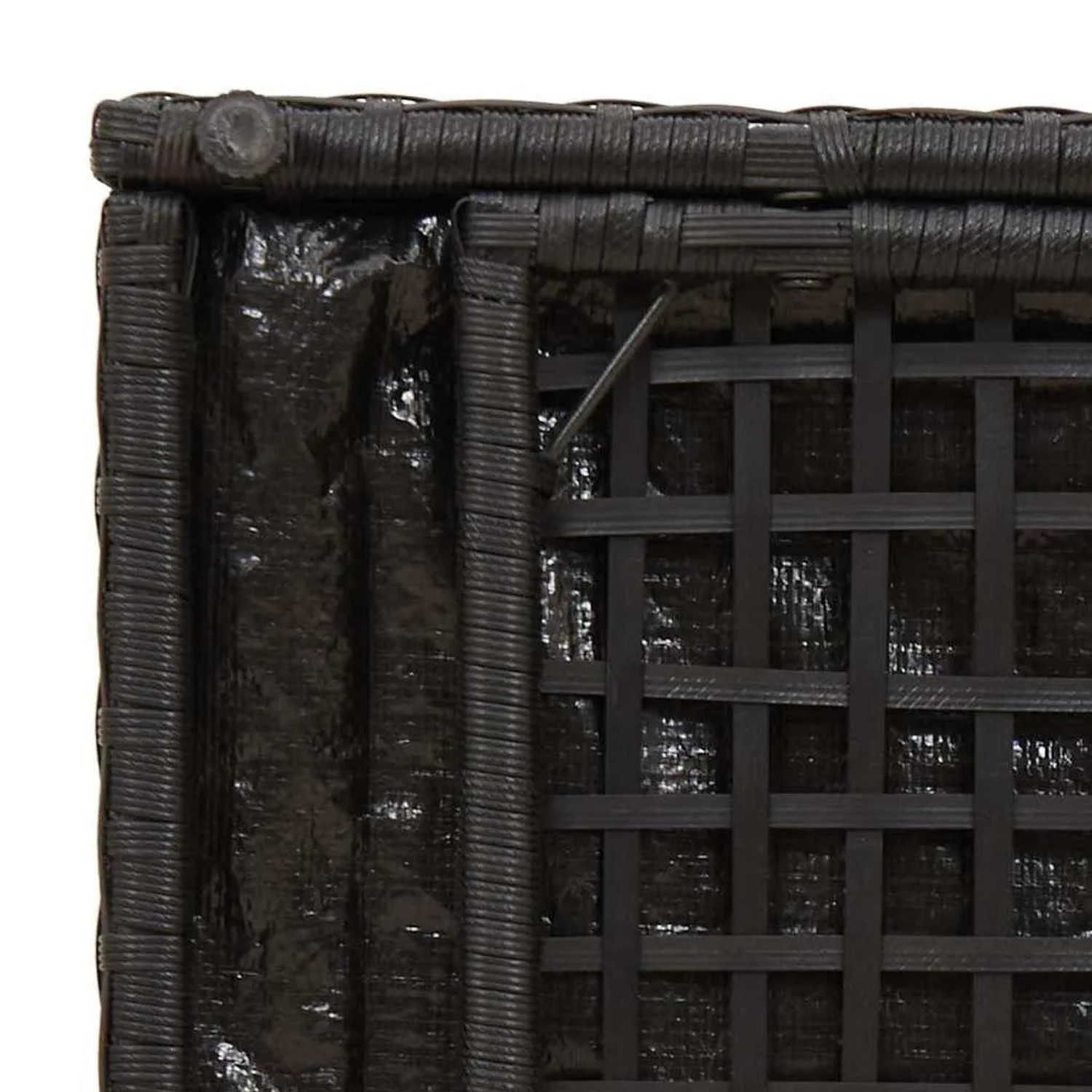 Detailaufnahme: Schwarze vidaXL Kissenbox aus Poly-Rattan, Aufbewahrung für Garten & Terrasse.
