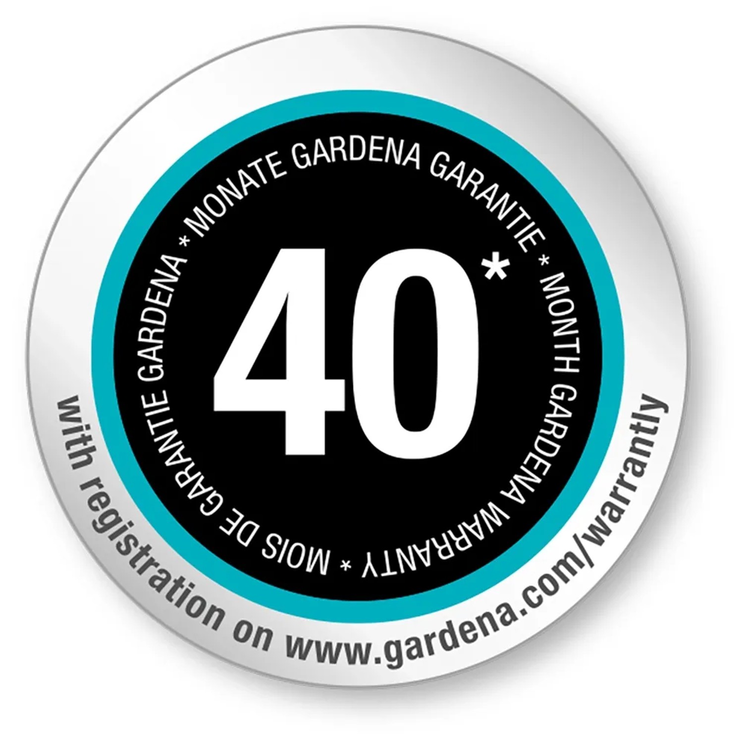 Gardena Garantie-Aufkleber: 40 Monate Garantie nach Registrierung.