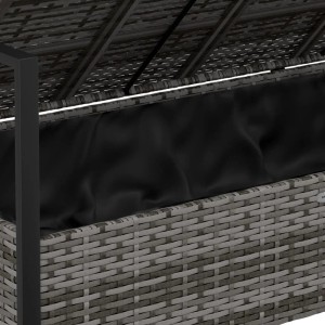 Detailaufnahme: Graue VidaXL Gartenbank 2-Sitzer aus Polyrattan mit Stauraum unter der Sitzfläche.