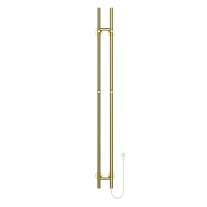 Elektrischer Belvit Handtuchtrockner, Doppelrohr, gebürstetes Gold, 150 cm hoch, mit 4 Haken und Netzkabel.