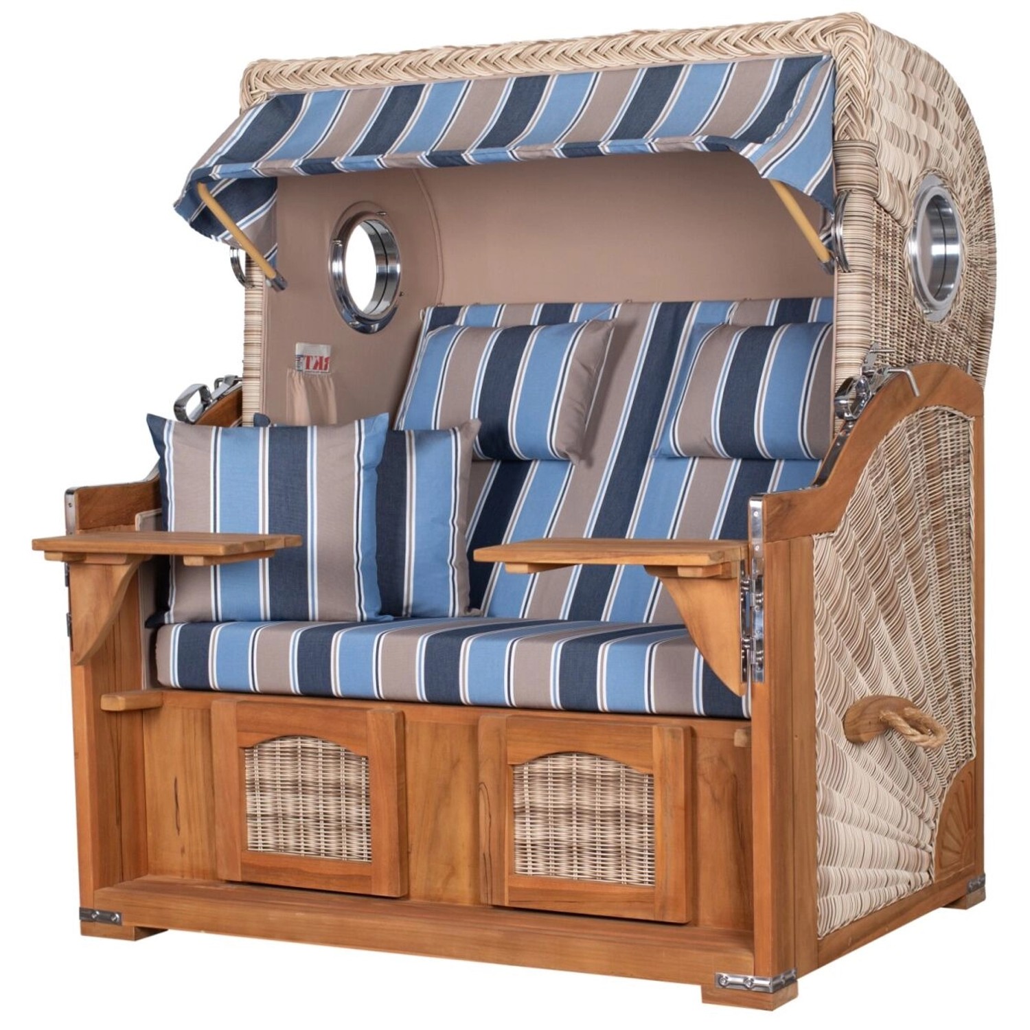 Komplettset: XL Strandkorb Ammersee aus Teak mit blau-beige gestreiften Polstern, Bullauge und Zubehör.