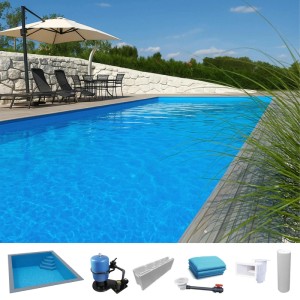 KWAD Styropor Pool Easy mit Ecktreppe (rechts), 6x3x1,5 m, blau, mit Zubehör.