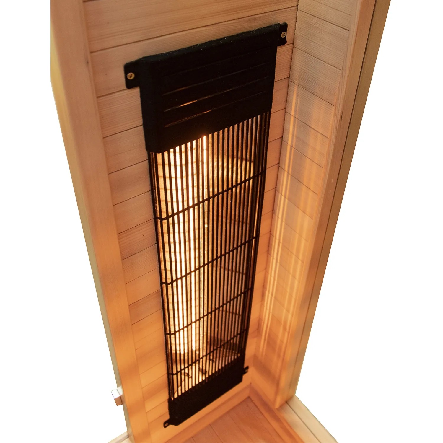 Detailaufnahme Infrarotstrahler in Dewello Infrarotkabine Calgary aus Hemlock Tannenholz.