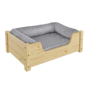 Gemütliches Tierbett aus Kiefernholz mit Rollrost und grauem Polster für Hunde und Katzen.